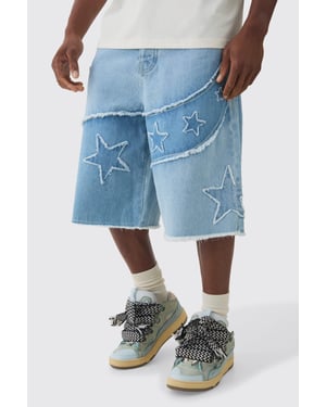 Regular Rigid Star Applique Denim Jorts In Ice Blue