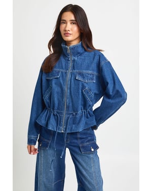 Funnel Neck Denim Jacket With Cinch Waist Detail