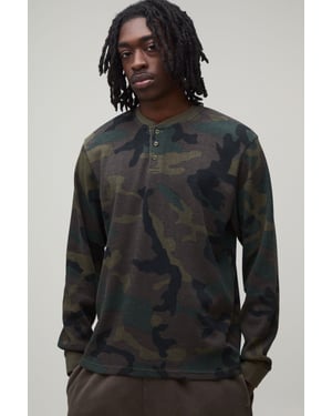 Regular Fit Waffle Henley Camo Long Sleeve T-Shirt