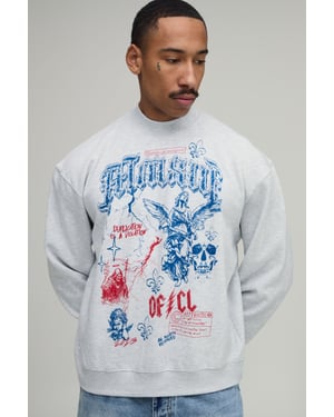 Ash Grey Oversized Boxy Renaissance Doodle Print Sweatshirt