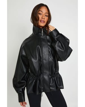 Tall Pebbled Faux Leather Cinched Waist Funnel Neck Jacket