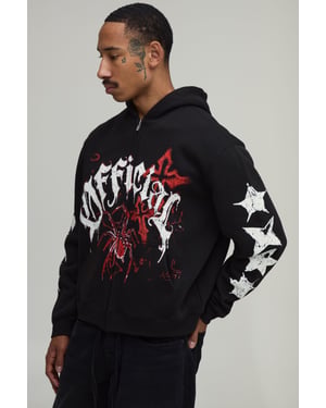 Black Oversized Boxy Spider Doodle Print Zip Through Hoodie