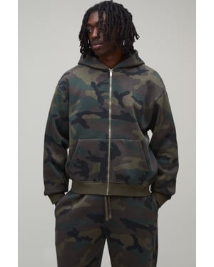 Oversized Boxy Zip Through Camo Hoodie