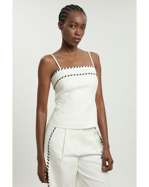 Tailored Linen Blend Contrast Stitch Top