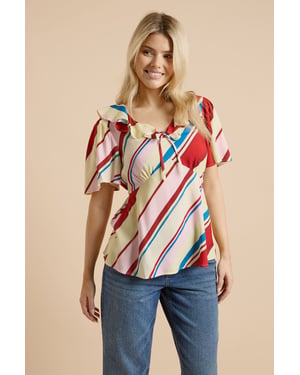 Stripe Frill Neckline Angel Sleeve Blouse