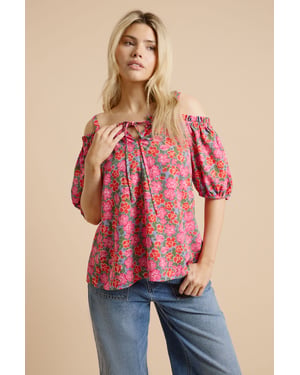 Pink Floral Tie Front Cold Shoulder Long Sleeve Top