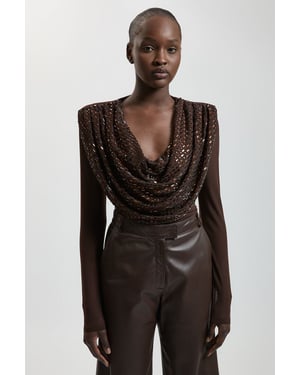Premium Crystal Embellished Jersey Cowl Detail Top
