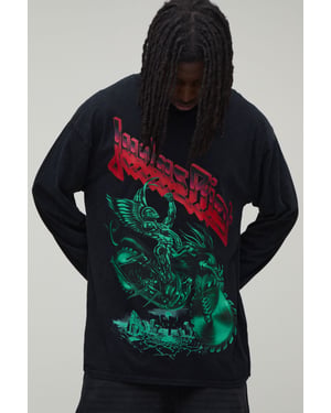 Oversized Long Sleeve Judas Priest Acid Wash License Print T-shirt