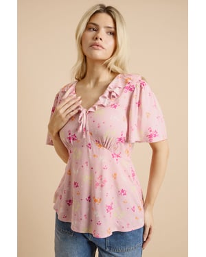 Pink Ditsy Frill Neckline Angel Sleeve Blouse