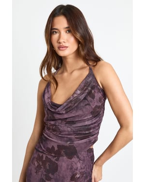 Printed Mesh Cowl Neck Scarf Detail Top