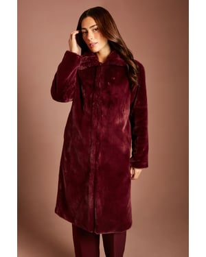 Burgundy Faux Fur Longline Collared Coat