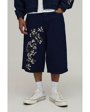 Floral Embroidered Longline Denim Jorts