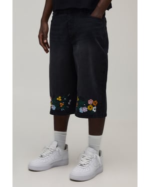 Floral Embroidered Hem Longline Denim Jorts