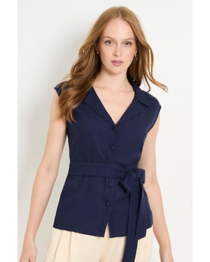Collared Belted Linen Blend Top