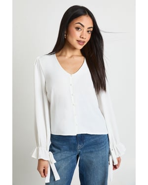 Hammered Button Front Frill Cuff Blouse