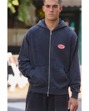 Oversized Man Applique Zip Through Washed Hoodie