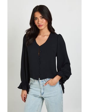 Hammered Button Front Frill Cuff Blouse