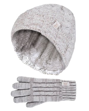 Heat Holders - Kabelstickad vintermössa och vinterhandskar med pompom för flickor