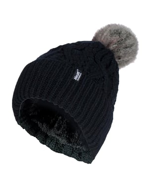 Ladies Ribbad Manschett Pom Pom Bobble Beanie Mössa med Fleecefoder