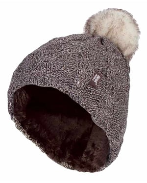Heat Holders - Stickad, fleecefodrad, termisk boblehatt med pom pom för damer