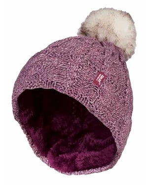 Heat Holders - Stickad, fleecefodrad, termisk boblehatt med pom pom för damer