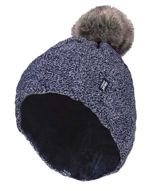 Heat Holders - Stickad, fleecefodrad, termisk boblehatt med pom pom för damer