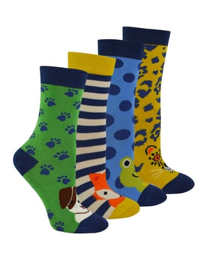 Miss Sparrow - 4 Pack Boys Bamboo Socks | Kids Novelty Animal Pattern Socks in a Gift Box - Assorted