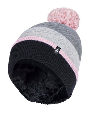 Heat Holders - Varm stickad fleece fodrad vinterhatt för damer med Pom Pom - Grå / Rosa