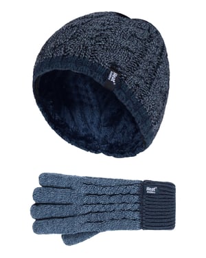 Heat Holders - Pojkar Barn Kabelstickad Varm Fleece Fodrad Termisk Vinter Mössa och Handskar Set - DN1P7