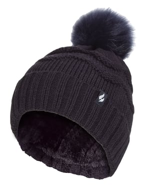 Ladies Winter Fur Beanie Hat | Heat Holders | Zigzag Patterned Pom Pom Hat | Womens Thermal Cuff Bobble Hat - Navy