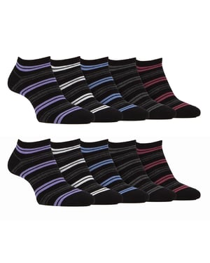 10 Pairs Mens Bamboo Trainer Socks | Farah | Striped Cushioned Ankle Socks - Black Stripe