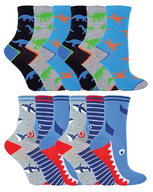 12 paar nieuwe bamboesokken voor kinderen - Pack 1 (Haaien & dinosaurussen)