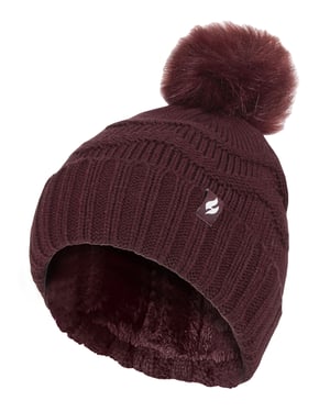 Ladies Winter Fur Beanie Hat | Heat Holders | Zigzag Patterned Pom Pom Hat | Womens Thermal Cuff Bobble Hat - Wine