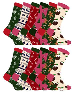 Ladies Christmas Socks | Sock Snob | Womens Colourful Novelty Design Xmas Socks | Gift for Her - 12 Pack