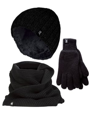 Stickad mössa, hatt, halsduk, handskar, set, värmehållare, lyxigt, mjukt, fleecefodrat vinterset för kallt väder - svart