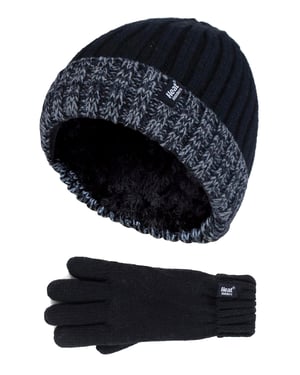 Heat Holders - Children Boys Winter Warm Fleece Lined Insulated Knit Turn Over Cuff Ribbed Hat and Gloves Set - BS2P9710