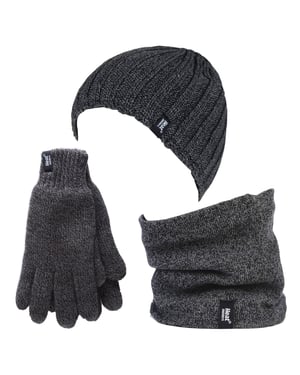 Heat Holders - Värmeisolerande kabelstickad vinterfleece Mössa, halsvärmare och handskar för män - Grå
