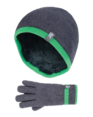 Heat Holders - Barn Pojkar Vinter Varm Fleece Fodrad Isolerad Stickad Turn Over Cuff Ribbad Mössa och Handskar Set - CG1P8