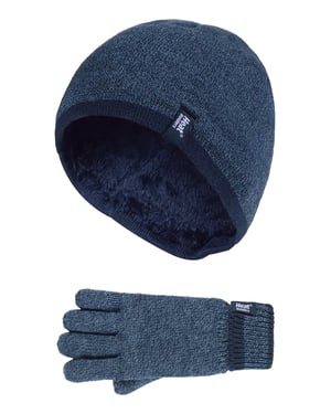 Heat Holders - Barn Pojkar Vinter Varm Fleece Fodrad Isolerad Stickad Turn Over Cuff Ribbad Mössa och Handskar Set - DN2P8