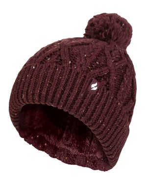 Dames Pom Pom Muts | Heat Holders | Mode Chunky Warme Kabelbrei Beanie met Heatweaver Fleece Voering | Salzburg Stijl - Wijn