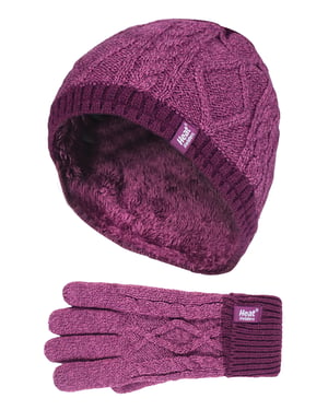 Värmehållare - Söt kabelstickad varm fleecefodrad vintermössa och vinterhandskar med pompom och bobble för barn och flickor - PP1P13