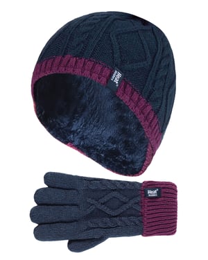 Värmehållare - Söt kabelstickad varm fleecefodrad vintermössa och vinterhandskar med pompom och bobble för barn och flickor - NP2P13