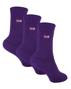 3 Pairs Multipack Kids Thermal Socks | THMO | Ribbed Soft Top Fleece Fluffy Inner Warm Socks for Boys & Girls - Purple