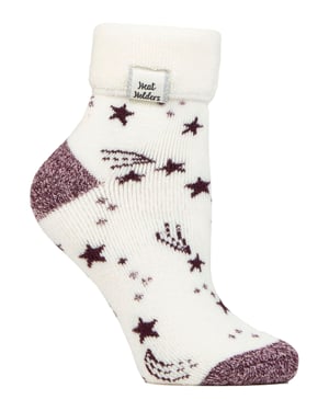 Ladies Cosy Socks with Turn Over Cuff | Heat Holders | Warm Fluffy Lounge Socks for Winter - Ivory/Cabernet Stars
