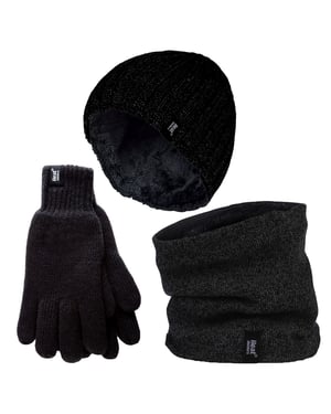 Set med hatt, halsvärmare och handskar för herrar | värmehållare | vinterstickade varma tillbehör - Svart