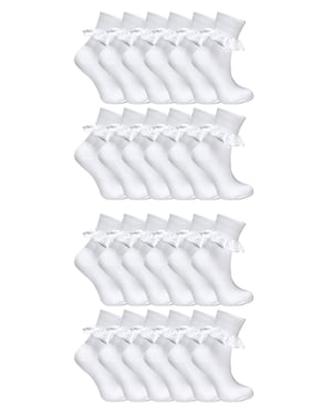 24 Pairs Multipack Girls Lace Socks | Fancy Cotton Cute White Frilly Socks | Ideal for School Uniform - White