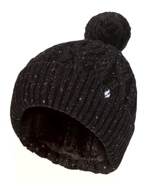 Dames Pom Pom Bobbelhoed | Heat Holders | Modieuze Chunky Warme Kabelgebreide Muts met Heatweaver Fleece Voering | Salzburg Stijl - Zwart