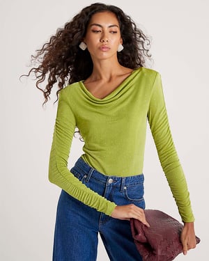 River Island Womens Bodysuit Green Ruched Sleeve Diamante