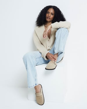 River Island Womens Clog Shoes Beige Suede Buckle