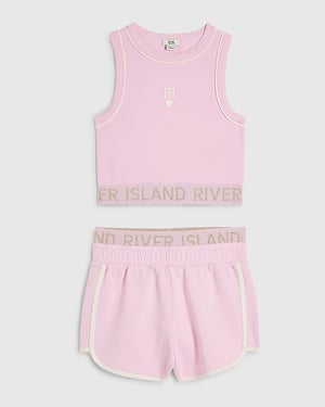 River Island Girls Tank & Shorts Set Pink RI Waistband 2 Piece